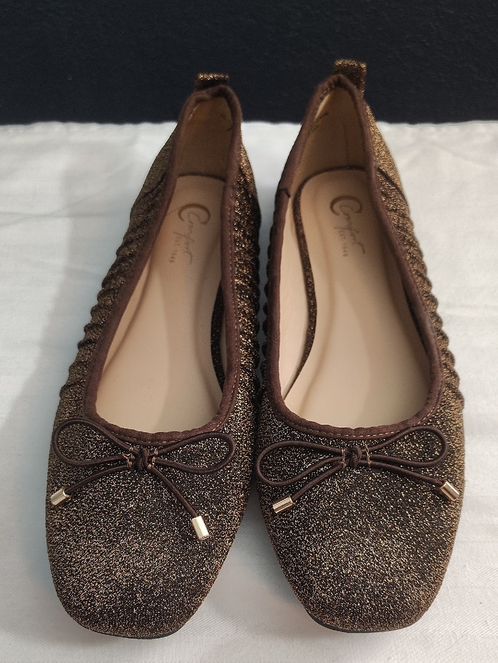 Comfort Est 1946 Chic Eye Catching Fancy Glitter Bow Ballet Flats in Bronze